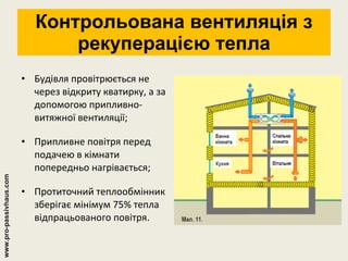 Контрольована вентиляція з рекуперацією тепла Будівля провітрюється не через відкриту кватирку, а за допомогою припливно-витяжної вентиляції; Припливне повітря перед подачею в кімнати попередньо нагрівається; Протиточний теплообмінник зберігає   мінімум 75% тепла відпрацьованого повітря. www.pro-passivhaus.com 