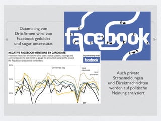 Datamining von
Drittﬁrmen wird von
 Facebook geduldet
und sogar unterstützt




                            Auch private
                          Statusmeldungen
                        und Direktnachrichten
                         werden auf politische
                          Meinung analysiert
 