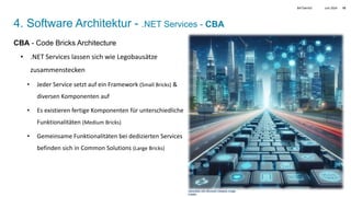 Juni 2024
BATbern53 10
4. Software Architektur - .NET Services - CBA
CBA - Code Bricks Architecture
• .NET Services lassen sich wie Legobausätze
zusammenstecken
• Jeder Service setzt auf ein Framework (Small Bricks) &
diversen Komponenten auf
• Es existieren fertige Komponenten für unterschiedliche
Funktionalitäten (Medium Bricks)
• Gemeinsame Funktionalitäten bei dedizierten Services
befinden sich in Common Solutions (Large Bricks)
Generated with Microsoft Designer Image
Creator
 