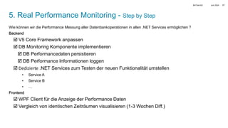 Juni 2024
BATbern53 17
5. Real Performance Monitoring - Step by Step
Wie können wir die Performance Messung aller Datenbankoperationen in allen .NET Services ermöglichen ?
Backend
 V5 Core Framework anpassen
 DB Monitoring Komponente implementieren
 DB Performancedaten persistieren
 DB Performance Informationen loggen
 Dedizierte .NET Services zum Testen der neuen Funktionalität umstellen
• Service A
• Service B
• …
Frontend
 WPF Client für die Anzeige der Performance Daten
 Vergleich von identischen Zeiträumen visualisieren (1-3 Wochen Diff.)
 