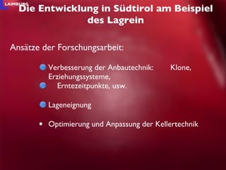 Verbesserung der Anbautechnik:   Klone, Erziehungssysteme, Erntezeitpunkte, usw. Lageneignung Optimierung und Anpassung der Kellertechnik Die Entwicklung in Südtirol am Beispiel des Lagrein Ansätze der Forschungsarbeit:  