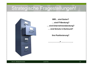 Strategische Fragestellungen!

                                           WIR… sind Garten?
                                           … sind IT-Beratung?
                                    … sind Unternehmensberatung?
                                       … sind Schuhe in Dortmund?


                                           Ihre Positionierung?


                                       ………………..= ………………..




Prof. Dr. Michael Bernecker   Local Hero                            24
 