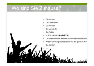 Wo sind Sie Zuhause?

                                 Die Kunden
                                 Die Lieferanten
                                 Die Medien
                                 Die Verbände
                                 Die Politik
                                 In Köln natürlich KARNEVAL
                                 Die Institutionellen Akteure (nur die aktiven natürlich)
                                 Andere Leistungswettbewerber mit der gleichen Kundschaft
                                 Die Banken
                                 ….




Prof. Dr. Michael Bernecker   Local Hero                                       38
 