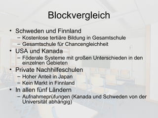 Blockvergleich Schweden und Finnland Kostenlose tertiäre Bildung in Gesamtschule Gesamtschule für Chancengleichheit USA und Kanada Föderale Systeme mit großen Unterschieden in den einzelnen Gebieten Private Nachhilfeschulen Hoher Anteil in Japan Kein Markt in Finnland In allen fünf Ländern Aufnahmeprüfungen (Kanada und Schweden von der Universität abhängig) 