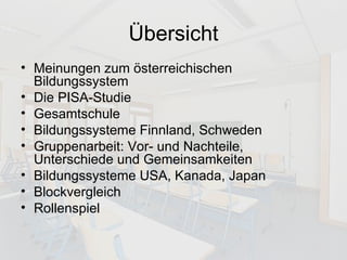 Übersicht Meinungen zum österreichischen Bildungssystem Die PISA-Studie Gesamtschule Bildungssysteme Finnland, Schweden Gruppenarbeit: Vor- und Nachteile, Unterschiede und Gemeinsamkeiten Bildungssysteme USA, Kanada, Japan Blockvergleich Rollenspiel 