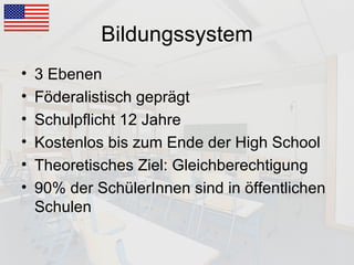 Bildungssystem 3 Ebenen Föderalistisch geprägt Schulpflicht 12 Jahre Kostenlos bis zum Ende der High School Theoretisches Ziel: Gleichberechtigung 90% der SchülerInnen sind in öffentlichen Schulen 