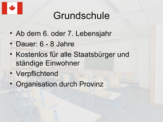 Grundschule Ab dem 6. oder 7. Lebensjahr Dauer: 6 - 8 Jahre Kostenlos für alle Staatsbürger und ständige Einwohner  Verpflichtend Organisation durch Provinz 