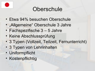 Oberschule Etwa 94% besuchen Oberschule „Allgemeine“ Oberschule 3 Jahre Fachspezifische 3 – 5 Jahre Keine Abschlussprüfung 3 Typen (Vollzeit, Teilzeit, Fernunterricht) 3 Typen von Lehrinhalten Uniformpflicht Kostenpflichtig 