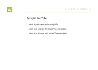 Deer In THe He ADlIgHT s   2




Beispiel YouTube

• 2006: 65.000 neue Videos täglich

• 2007: in 1 Minute 6h neues Videomaterial

• 2010: in 1 Minute 24h neues Videomaterial
 