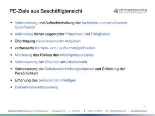 PE-Ziele aus Beschäftigtensicht 
 Verbesserung und Aufrechterhaltung der fachlichen und persönlichen 
Qualifikation 
 Aktivierung bisher ungenutzter Potenziale und Fähigkeiten 
 Übertragung neuer/erweiterter Aufgaben 
 verbesserte Karriere- und Laufbahnmöglichkeiten 
 Minderung des Risikos des Arbeitsplatzverlustes 
 Verbesserung der Chancen am Arbeitsmarkt 
 Verbesserung der Selbstverwirklichungschancen und Entfaltung der 
Persönlichkeit 
 Erhöhung des persönlichen Prestiges 
 Einkommensverbesserung 
10 
 