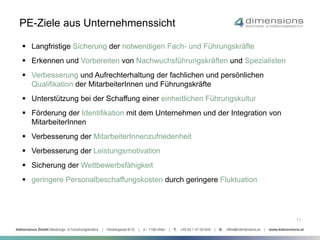 PE-Ziele aus Unternehmenssicht 
 Langfristige Sicherung der notwendigen Fach- und Führungskräfte 
 Erkennen und Vorbereiten von Nachwuchsführungskräften und Spezialisten 
 Verbesserung und Aufrechterhaltung der fachlichen und persönlichen 
Qualifikation der MitarbeiterInnen und Führungskräfte 
 Unterstützung bei der Schaffung einer einheitlichen Führungskultur 
 Förderung der Identifikation mit dem Unternehmen und der Integration von 
MitarbeiterInnen 
 Verbesserung der MitarbeiterInnenzufriedenheit 
 Verbesserung der Leistungsmotivation 
 Sicherung der Wettbewerbsfähigkeit 
 geringere Personalbeschaffungskosten durch geringere Fluktuation 
11 
 