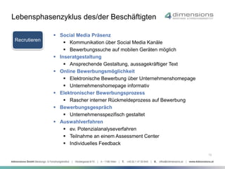13 
Lebensphasenzyklus des/der Beschäftigten 
Recrutieren 
 Social Media Präsenz 
 Kommunikation über Social Media Kanäle 
 Bewerbungssuche auf mobilen Geräten möglich 
 Inseratgestaltung 
 Ansprechende Gestaltung, aussagekräftiger Text 
 Online Bewerbungsmöglichkeit 
 Elektronische Bewerbung über Unternehmenshomepage 
 Unternehmenshomepage informativ 
 Elektronischer Bewerbungsprozess 
 Rascher interner Rückmeldeprozess auf Bewerbung 
 Bewerbungsgespräch 
 Unternehmensspezifisch gestaltet 
 Auswahlverfahren 
 ev. Potenzialanalyseverfahren 
 Teilnahme an einem Assessment Center 
 Individuelles Feedback 
Recrutieren 
 