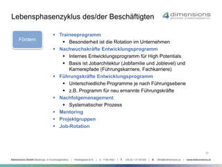 20 
Lebensphasenzyklus des/der Beschäftigten 
Fördern 
 Traineeprogramm 
 Besonderheit ist die Rotation im Unternehmen 
 Nachwuchskräfte Entwicklungsprogramm 
 Internes Entwicklungsprogramm für High Potentials 
 Basis ist Jobarchitektur (Jobfamilie und Joblevel) und 
Karrierepfade (Führungskarriere, Fachkarriere) 
 Führungskräfte Entwicklungsprogramm 
 Unterschiedliche Programme je nach Führungsebene 
 z.B. Programm für neu ernannte Führungskräfte 
 Nachfolgemanagement 
 Systematischer Prozess 
 Mentoring 
 Projektgruppen 
 Job-Rotation 
 