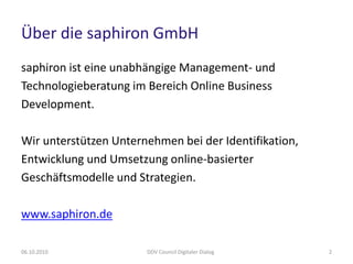 Über die saphiron GmbH
saphiron ist eine unabhängige Management- und
Technologieberatung im Bereich Online Business
Development.

Wir unterstützen Unternehmen bei der Identifikation,
Entwicklung und Umsetzung online-basierter
Geschäftsmodelle und Strategien.

www.saphiron.de

06.10.2010             DDV Council Digitaler Dialog    2
 