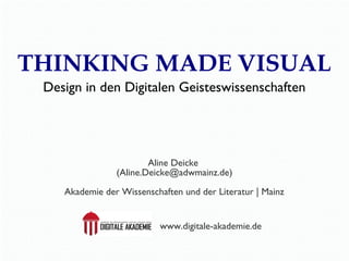THINKING MADE VISUAL
Design in den Digitalen Geisteswissenschaften

Aline Deicke
(Aline.Deicke@adwmainz.de)
Akademie der Wissenschaften und der Literatur | Mainz
www.digitale-akademie.de

 