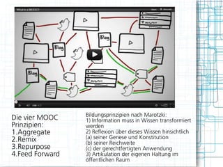Bildungsprinzipien nach Marotzki:
Die vier MOOC    1) Information muss in Wissen transformiert
Prinzipien:      werden
1.Aggregate      2) Reflexion über dieses Wissen hinsichtlich
2.Remix          (a) seiner Genese und Konstitution
                 (b) seiner Reichweite
3.Repurpose      (c) der gerechtfertigten Anwendung
4.Feed Forward   3) Artikulation der eigenen Haltung im
                 öffentlichen Raum
 