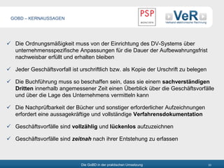 Die GoBD in der praktischen Umsetzung 23
 Die Ordnungsmäßigkeit muss von der Einrichtung des DV-Systems über
unternehmensspezifische Anpassungen für die Dauer der Aufbewahrungsfrist
nachweisbar erfüllt und erhalten bleiben
 Jeder Geschäftsvorfall ist urschriftlich bzw. als Kopie der Urschrift zu belegen
 Die Buchführung muss so beschaffen sein, dass sie einem sachverständigen
Dritten innerhalb angemessener Zeit einen Überblick über die Geschäftsvorfälle
und über die Lage des Unternehmens vermitteln kann
 Die Nachprüfbarkeit der Bücher und sonstiger erforderlicher Aufzeichnungen
erfordert eine aussagekräftige und vollständige Verfahrensdokumentation
 Geschäftsvorfälle sind vollzählig und lückenlos aufzuzeichnen
 Geschäftsvorfälle sind zeitnah nach ihrer Entstehung zu erfassen
GOBD – KERNAUSSAGEN
 