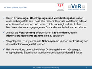 Die GoBD in der praktischen Umsetzung 27
 Durch Erfassungs-, Übertragungs- und Verarbeitungskontrollen
muss sichergestellt sein, dass alle Geschäftsvorfälle vollständig erfasst
oder übermittelt werden und danach nicht unbefugt und nicht ohne
Nachweis des vorausgegangenen Zustandes verändert werden können
 Alle für die Verarbeitung erforderlichen Tabellendaten, deren
Historisierung und Programme sind zu speichern
 Vorgelagerte (IT-)Systeme und Nebensysteme können zur Erfüllung der
Journalfunktion eingesetzt werden
 Bei Verwendung unterschiedlicher Ordnungskriterien müssen ggf.
entsprechende Zuordnungstabellen vorgehalten werden (E-Bilanz)
GOBD – KERNAUSSAGEN
 