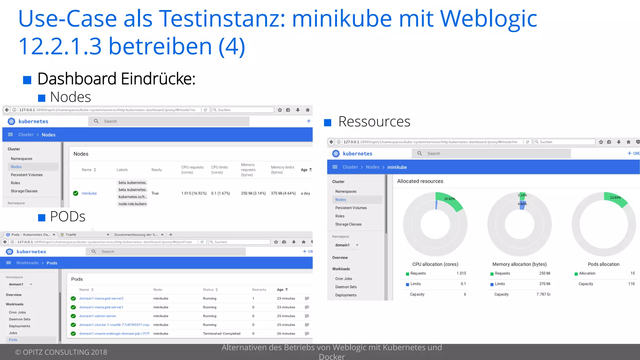 © OPITZ CONSULTING 2018
Use-Case als Testinstanz: minikube mit Weblogic
12.2.1.3 betreiben (4)
 Dashboard Eindrücke:
 Nodes
 PODs
Alternativen des Betriebs von Weblogic mit Kubernetes und
Docker
 Ressources
 
