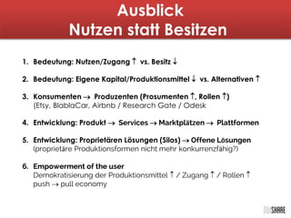 Ausblick
Nutzen statt Besitzen
1. Bedeutung: Nutzen/Zugang  vs. Besitz 
2. Bedeutung: Eigene Kapital/Produktionsmittel  vs. Alternativen 
3. Konsumenten  Produzenten (Prosumenten , Rollen )
(Etsy, BlablaCar, Airbnb / Research Gate / Odesk
4. Entwicklung: Produkt  Services  Marktplätzen  Plattformen
5. Entwicklung: Proprietären Lösungen (Silos)  Offene Lösungen
(proprietäre Produktionsformen nicht mehr konkurrenzfähig?)
6. Empowerment of the user
Demokratisierung der Produktionsmittel  / Zugang  / Rollen 
push  pull economy
 