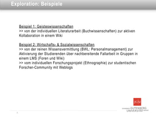 Dies ist eine Überschrift
Exploration: Beispiele



      Beispiel 1: Geisteswissenschaften
      >> von der individuellen Literaturarbeit (Buchwissenschaften) zur aktiven
      Kollaboration in einem Wiki

      Beispiel 2: Wirtschafts- & Sozialwissenschaften
      >> von der reinen Wissensvermittlung (BWL: Personalmanagement) zur
      Aktivierung der Studierenden über nachbereitende Fallarbeit in Gruppen in
      einem LMS (Foren und Wiki)
      >> vom individuellen Forschungsprojekt (Ethnographie) zur studentischen
      Forscher-Community mit Weblogs




  8
 