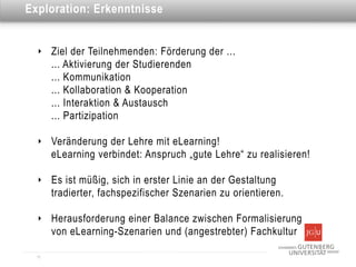 Dies ist eine Überschrift
Exploration: Erkenntnisse


  ‣    Ziel der Teilnehmenden: Förderung der ...
       ... Aktivierung der Studierenden
       ... Kommunikation
       ... Kollaboration & Kooperation
       ... Interaktion & Austausch
       ... Partizipation

  ‣    Veränderung der Lehre mit eLearning!
       eLearning verbindet: Anspruch „gute Lehre“ zu realisieren!

  ‣    Es ist müßig, sich in erster Linie an der Gestaltung
       tradierter, fachspezifischer Szenarien zu orientieren.

  ‣    Herausforderung einer Balance zwischen Formalisierung
       von eLearning-Szenarien und (angestrebter) Fachkultur

  11
 