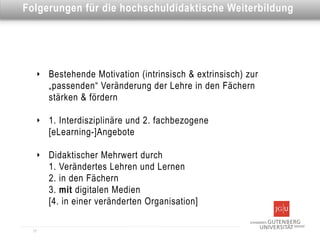 Dies ist eine Überschrift
Folgerungen für die hochschuldidaktische Weiterbildung




   ‣   Bestehende Motivation (intrinsisch & extrinsisch) zur
       „passenden“ Veränderung der Lehre in den Fächern
       stärken & fördern

   ‣   1. Interdisziplinäre und 2. fachbezogene
       [eLearning-]Angebote

   ‣   Didaktischer Mehrwert durch
       1. Verändertes Lehren und Lernen
       2. in den Fächern
       3. mit digitalen Medien
       [4. in einer veränderten Organisation]

  17
 