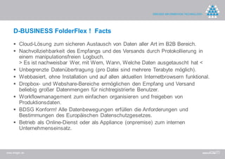 D-BUSINESS FolderFlex ! Facts
      Cloud-Lösung zum sicheren Austausch von Daten aller Art im B2B Bereich.
      Nachvollziehbarkeit des Empfangs und des Versands durch Protokollierung in
       einem manipulationsfreien Logbuch.
       > Es ist nachweisbar Wer, mit Wem, Wann, Welche Daten ausgetauscht hat <
      Unbegrenzte Datenübertragung (pro Datei sind mehrere Terabyte möglich).
      Webbasiert, ohne Installation und auf allen aktuellen Internetbrowsern funktional.
      Dropbox- und Webshare-Bereiche ermöglichen den Empfang und Versand
       beliebig großer Datenmengen für nichtregistrierte Benutzer.
      Workflowmanagement zum einfachen organisieren und freigeben von
       Produktionsdaten.
      BDSG Konform! Alle Datenbewegungen erfüllen die Anforderungen und
       Bestimmungen des Europäischen Datenschutzgesetzes.
      Betrieb als Online-Dienst oder als Appliance (onpremise) zum internen
       Unternehmenseinsatz.



www.dreger.de
 