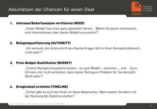 Abschätzen der Chancen für einen Deal

1.      Interesse/Bedarfsanalyse verifizieren (NEED)
             •       „Unser Modell hat einen ganz speziellen Vorteil… Wären Sie daran interessiert,
                     sich Informationen über dieses Modell anzusehen?“


2.      Befugnisqualifizierung (AUTHORITY)
             •       „Ich vermute, die Unterschrift des Kaufvertrages fällt in Ihren Kompetenzbereich,
                     nicht wahr?“


3.      Preis-Budget-Qualifikation (BUDGET)
             •       „Unsere Navigationssysteme kosten – je nach Modell – zwischen … und … Euro.
                     Ich kann mir nicht vorstellen, dass dieser Betrag ein Problem für Sie darstellt.
                     Nicht wahr?“


4.      Dringlichkeit ermitteln (TIMELINE)
             •       „Sicher gibt es auch bei Ihnen im Haus Absprachen. Wann wollen Sie denn mit
                     der Nutzung des Systems starten?“

© 2011, Sven Jänchen – Vertrieb verbessern: Herangehen, Methoden, Erfolgsfaktoren
                                                                                                         11
 