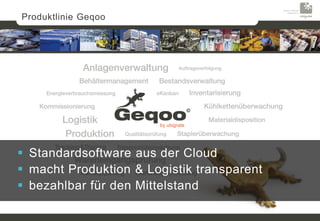 Produktlinie Geqoo




                       by ubigrate




 Standardsoftware aus der Cloud
 macht Produktion & Logistik transparent
 bezahlbar für den Mittelstand
 