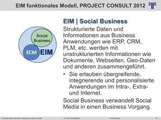 Potentialanalyse Information Management Maturity Modell >Veranstaltung<Dr. Ulrich Kampffmeyer 39
© PROJECT CONSULT Unternehmensberatung Dr. Ulrich Kampffmeyer GmbH 2011 / Autorenrecht: <Vorname Nachname> Mai-15 / Quelle: PROJECT CONSULT 2
EIM | Social Business
Strukturierte Daten und
Informationen aus Business
Anwendungen wie ERP, CRM,
PLM, etc. werden mit
unstrukturierten Informationen wie
Dokumente, Webseiten, Geo-Daten
und anderen zusammengeführt.
• Sie erlauben übergreifende,
integrierende und personalisierte
Anwendungen im Intra-, Extra-
und Internet.
Social Business verwandelt Social
Media in einen Business Vorgang.
ECM EIM
Social
Business
EIM funktionales Modell, PROJECT CONSULT 2012
 