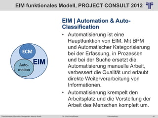 Potentialanalyse Information Management Maturity Modell >Veranstaltung<Dr. Ulrich Kampffmeyer 43
© PROJECT CONSULT Unternehmensberatung Dr. Ulrich Kampffmeyer GmbH 2011 / Autorenrecht: <Vorname Nachname> Mai-15 / Quelle: PROJECT CONSULT 2
EIM | Automation & Auto-
Classification
• Automatisierung ist eine
Hauptfunktion von EIM. Mit BPM
und Automatischer Kategorisierung
bei der Erfassung, in Prozessen
und bei der Suche ersetzt die
Automatisierung manuelle Arbeit,
verbessert die Qualität und erlaubt
direkte Weiterverarbeitung von
Informationen.
• Automatisierung krempelt den
Arbeitsplatz und die Vorstellung der
Arbeit des Menschen komplett um.
ECM
EIMAuto-
mation
EIM funktionales Modell, PROJECT CONSULT 2012
 
