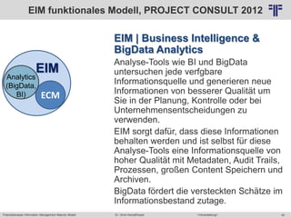 Potentialanalyse Information Management Maturity Modell >Veranstaltung<Dr. Ulrich Kampffmeyer 45
© PROJECT CONSULT Unternehmensberatung Dr. Ulrich Kampffmeyer GmbH 2011 / Autorenrecht: <Vorname Nachname> Mai-15 / Quelle: PROJECT CONSULT 2
EIM | Business Intelligence &
BigData Analytics
Analyse-Tools wie BI und BigData
untersuchen jede verfgbare
Informationsquelle und generieren neue
Informationen von besserer Qualität um
Sie in der Planung, Kontrolle oder bei
Unternehmensentscheidungen zu
verwenden.
EIM sorgt dafür, dass diese Informationen
behalten werden und ist selbst für diese
Analyse-Tools eine Informationsquelle von
hoher Qualität mit Metadaten, Audit Trails,
Prozessen, großen Content Speichern und
Archiven.
BigData fördert die versteckten Schätze im
Informationsbestand zutage.
ECM
EIM
Analytics
(BigData,
BI)
EIM funktionales Modell, PROJECT CONSULT 2012
 