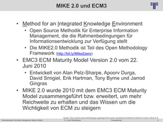 Potentialanalyse Information Management Maturity Modell >Veranstaltung<Dr. Ulrich Kampffmeyer 5
© PROJECT CONSULT Unternehmensberatung Dr. Ulrich Kampffmeyer GmbH 2011 / Autorenrecht: <Vorname Nachname> Mai-15 / Quelle: PROJECT CONSULT 2
MIKE 2.0 und ECM3
• Method for an Integrated Knowledge Environment
• Open Source Methodik für Enterprise Information
Management, die die Rahmenbedingungen für
Informationsentwicklung zur Verfügung stellt
• Die MIKE2.0 Methodik ist Teil des Open Methodology
Framework (http://bit.ly/Mike2zero)
• EMC3 ECM Maturity Model Version 2.0 vom 22.
Juni 2010
• Entwickelt von Alan Pelz-Sharpe, Apoorv Durga,
David Smigiel, Erik Hartman, Tony Byrne und Jarrod
Gingras
• MIKE 2.0 wurde 2010 mit dem EMC3 ECM Maturity
Model zusammengeführt bzw. erweitert, um mehr
Reichweite zu erhalten und das Wissen um die
Wichtigkeit von ECM zu steigern
Quelle: http://mike2.openmethodology.org/blogs/information-development/2010/11/20/ecm3-meets-mike2-0-2/
 