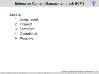 Potentialanalyse Information Management Maturity Modell >Veranstaltung<Dr. Ulrich Kampffmeyer 7
© PROJECT CONSULT Unternehmensberatung Dr. Ulrich Kampffmeyer GmbH 2011 / Autorenrecht: <Vorname Nachname> Mai-15 / Quelle: PROJECT CONSULT 2
Enterprise Content Management nach ECM3
Levels:
1. Unmanaged
2. Incipient
3. Formative
4. Operational
5. Proactive
Quelle: http://ecmmaturity.files.wordpress.com/2009/02/ecm3-v2_0.pdf
 