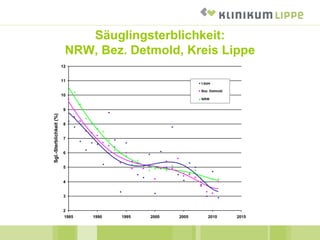Säuglingsterblichkeit:
NRW, Bez. Detmold, Kreis Lippe
2
3
4
5
6
7
8
9
10
11
12
1985 1990 1995 2000 2005 2010 2015
Sgl.-Sterblichkeit(%)
Lippe
Bez. Detmold
NRW
 