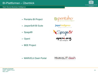 Christian Schieder
CeBIT - BI&EII Forum
März 2007
11
BI-Plattformen – Überblick
Open Source Business Intelligence
§  Pentaho BI Project
§  JasperSoft BI Suite
§  SpagoBI
§  OpenI
§  BEE Project
§  MARVELit Dash Portal
 