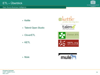 Christian Schieder
CeBIT - BI&EII Forum
März 2007
14
ETL – Überblick
Open Source Business Intelligence
§  Kettle
§  Talend Open Studio
§  CloverETL
§  KETL
§  Mule
 