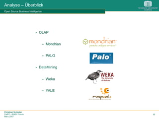 Christian Schieder
CeBIT - BI&EII Forum
März 2007
17
Analyse – Überblick
Open Source Business Intelligence
§  OLAP
§  Mondrian
§  PALO
§  DataMining
§  Weka
§  YALE
 