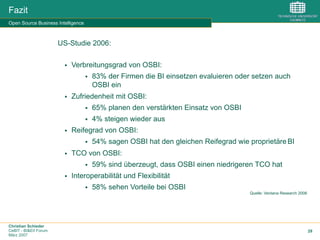 Christian Schieder
CeBIT - BI&EII Forum
März 2007
29
Fazit
Open Source Business Intelligence
US-Studie 2006:
§  Verbreitungsgrad von OSBI:
§  83% der Firmen die BI einsetzen evaluieren oder setzen auch
OSBI ein
§  Zufriedenheit mit OSBI:
§  65% planen den verstärkten Einsatz von OSBI
§  4% steigen wieder aus
§  Reifegrad von OSBI:
§  54% sagen OSBI hat den gleichen Reifegrad wie proprietäreBI
§  TCO von OSBI:
§  59% sind überzeugt, dass OSBI einen niedrigeren TCO hat
§  Interoperabilität und Flexibilität
§  58% sehen Vorteile bei OSBI
Quelle: Ventana Research 2006
 