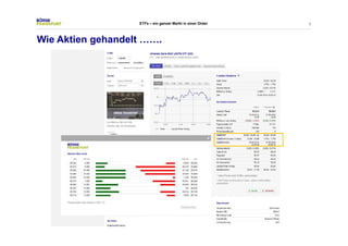 8 
ETFs – ein ganzer Markt in einer Order 
Wie Aktien gehandelt ……. 
 