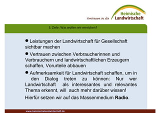 3. Ziele: Was wollen wir erreichen?
www.heimischelandwirtschaft.de
Leistungen der Landwirtschaft für Gesellschaft
sichtbar machen
Vertrauen zwischen Verbraucherinnen und
Verbrauchern und landwirtschaftlichen Erzeugern
schaffen, Vorurteile abbauen
Aufmerksamkeit für Landwirtschaft schaffen, um in
den Dialog treten zu können: Nur wer
Landwirtschaft als interessantes und relevantes
Thema erkennt, will auch mehr darüber wissen!
Hierfür setzen wir auf das Massenmedium Radio.
 