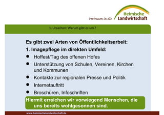 1. Ursachen: Warum gibt es uns?
Es gibt zwei Arten von Öffentlichkeitsarbeit:
1. Imagepflege im direkten Umfeld:
 Hoffest/Tag des offenen Hofes
 Unterstützung von Schulen, Vereinen, Kirchen
und Kommunen
 Kontakte zur regionalen Presse und Politik
 Internetauftritt
 Broschüren, Infoschriften
Hiermit erreichen wir vorwiegend Menschen, die
uns bereits wohlgesonnen sind.
www.heimischelandwirtschaft.de
 