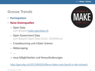 Grosse Trends
 Partizipation
 Neue Datenquellen
Open Data
zum Beispiel make.opendata.ch
Open Government Data
zum Beispie...
