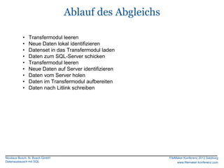 Ablauf des Abgleichs

           •   Transfermodul leeren
           •   Neue Daten lokal identifizieren
           •   Datenset in das Transfermodul laden
           •   Daten zum SQL-Server schicken
           •   Transfermodul leeren
           •   Neue Daten auf Server identifizieren
           •   Daten vom Server holen
           •   Daten im Transfermodul aufbereiten
           •   Daten nach Litlink schreiben




Nicolaus Busch, N. Busch GmbH                          FileMaker Konferenz 2012 Salzburg
Datenaustausch mit SQL                                      www.filemaker-konferenz.com
 