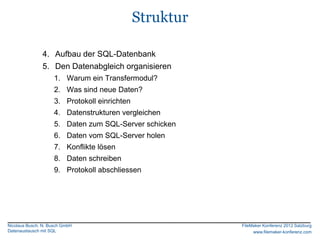 Struktur

               4. Aufbau der SQL-Datenbank
               5. Den Datenabgleich organisieren
                     1. Warum ein Transfermodul?
                     2. Was sind neue Daten?
                     3. Protokoll einrichten
                     4. Datenstrukturen vergleichen
                     5. Daten zum SQL-Server schicken
                     6. Daten vom SQL-Server holen
                     7. Konflikte lösen
                     8. Daten schreiben
                     9. Protokoll abschliessen




Nicolaus Busch, N. Busch GmbH                             FileMaker Konferenz 2012 Salzburg
Datenaustausch mit SQL                                         www.filemaker-konferenz.com
 