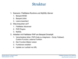 Struktur

               1. Szenario: FileMaker-Runtime und MySQL-Server
                     1. Beispiel MVB3
           ...