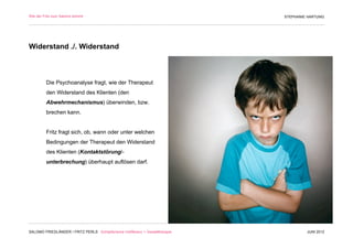 Wie der Fritz zum Salomo kommt                                                 STEPHANIE HARTUNG




Widerstand ./. Widerstand



         Die Psychoanalyse fragt, wie der Therapeut
         den Widerstand des Klienten (den
         Abwehrmechanismus) überwinden, bzw.
         brechen kann.


         Fritz fragt sich, ob, wann oder unter welchen
         Bedingungen der Therapeut den Widerstand
         des Klienten (Kontaktstörung/-
         unterbrechung) überhaupt auflösen darf.




SALOMO FRIEDLÄNDER / FRITZ PERLS Schöpferische Indifferenz + Gestalttherapie            JUNI 2012
 