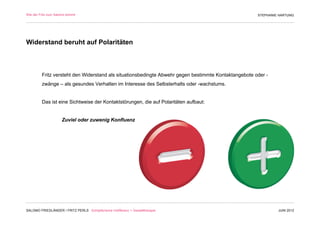 Wie der Fritz zum Salomo kommt                                                                        STEPHANIE HARTUNG




Widerstand beruht auf Polaritäten



         Fritz versteht den Widerstand als situationsbedingte Abwehr gegen bestimmte Kontaktangebote oder -
         zwänge – als gesundes Verhalten im Interesse des Selbsterhalts oder -wachstums.


         Das ist eine Sichtweise der Kontaktstörungen, die auf Polaritäten aufbaut:


                     Zuviel oder zuwenig Konfluenz




SALOMO FRIEDLÄNDER / FRITZ PERLS Schöpferische Indifferenz + Gestalttherapie                                   JUNI 2012
 