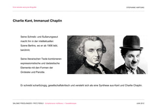 Eine beinahe anonyme Biografie                                                                             STEPHANIE HARTUNG




Charlie Kant, Immanuel Chaplin



         Seine Schreib- und Äußerungswut
         macht ihn in der intellektuellen
         Szene Berlins, wo er ab 1906 lebt,
         berühmt.


         Seine literarischen Texte kombinieren
         expressionistische und dadaistische
         Elemente mit den Formen der
         Groteske und Parodie.




         Er schreibt scharfzüngig, gesellschaftskritisch und versteht sich als eine Synthese aus Kant und Charlie Chaplin.




SALOMO FRIEDLÄNDER / FRITZ PERLS Schöpferische Indifferenz + Gestalttherapie                                        JUNI 2012
 